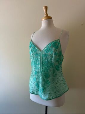 100% Silk Hand Beaded Mint Green Cutout Silk Camisole | NWOT